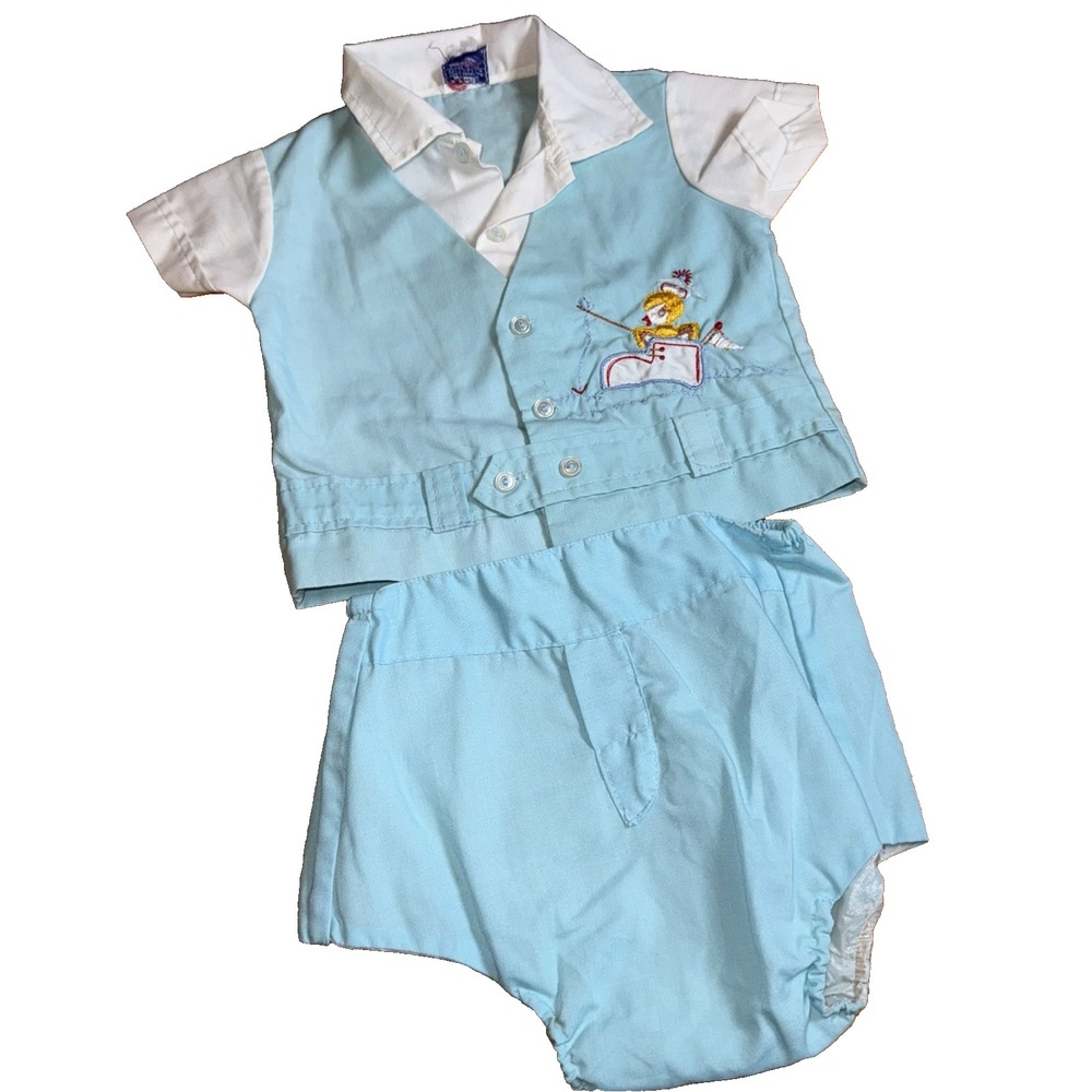 Vintage Baby Boy 0-3 Month Baby Boy Blue 2 Pcs Summer Outfit /fishing